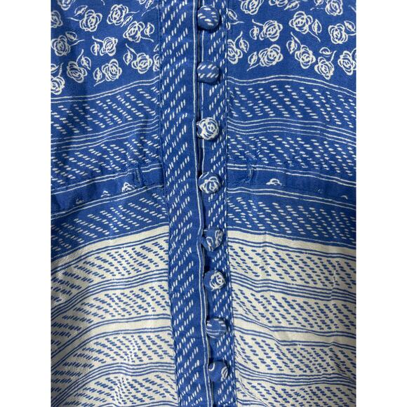 Edme & Esyllte Top 6 Blue White Floral Geometric Button 100% Silk Anthropologie - Picture 4 of 11